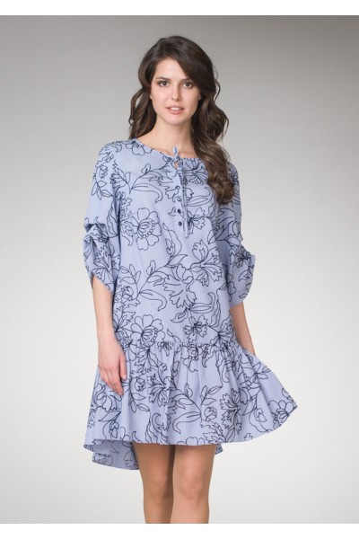 Женское светло-голубое платье с цветочным рисунком свободного кроя