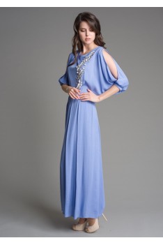 Нарядное длинное нежно-сиреневое "лаванда" женское платье с декоративным шитьем