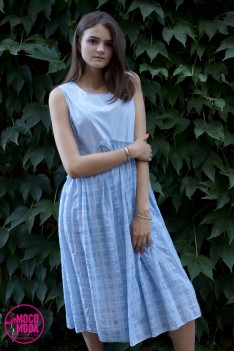 Светло-голубое летнее платье, хлопок Free Size (48-50-52) клетка.